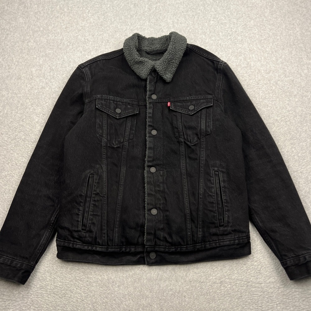 Levis Type III Trucker Jacket Mens Large Black Denim Lined Heavyweight 16365